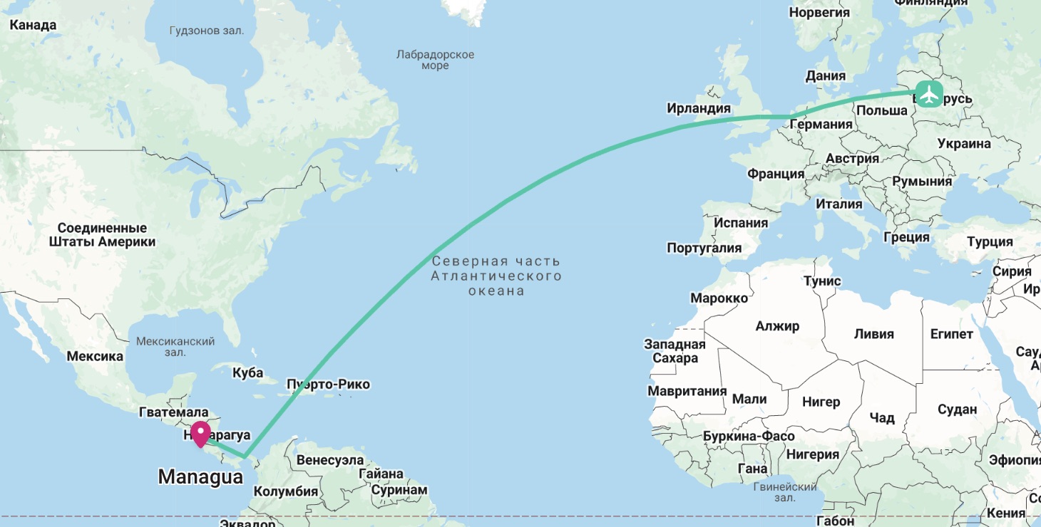 Маршрут из Минска в Никарагуа через Вильнюс. Скриншот с сайта rome2rio.com.