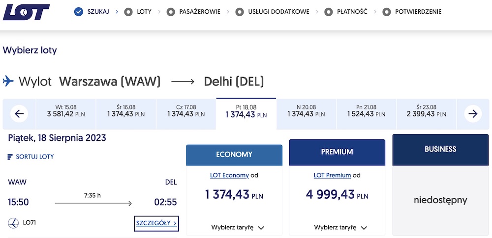 Цена авиабилетов в Дели из Варшавы. Скриншот с сайта www.lot.com.