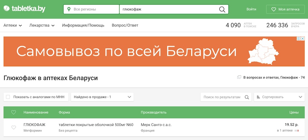 Скриншот с сайта tabletka.by по препарату «Глюкофаж».