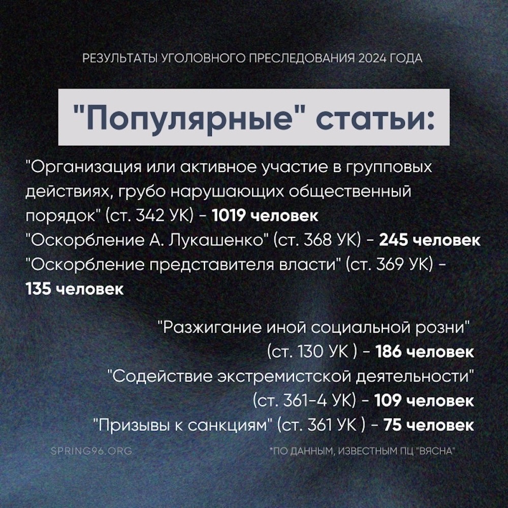 Самые распространенные статьи по уголовному преследованию в 2024 году в Беларуси. Инфографика: spring96.org.