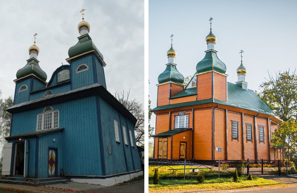 Свято-Георгиевская церковь в Воловеле до и после реставрации.