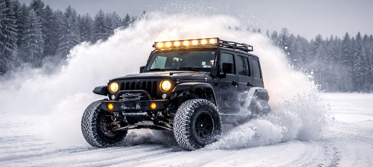 Внедорожник, дрифт, поле, снег