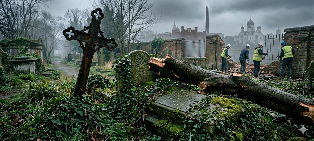 Разрушение Тришинского кладбища в Бресте. Изображение сгенерировано в Google Nano Banana 2