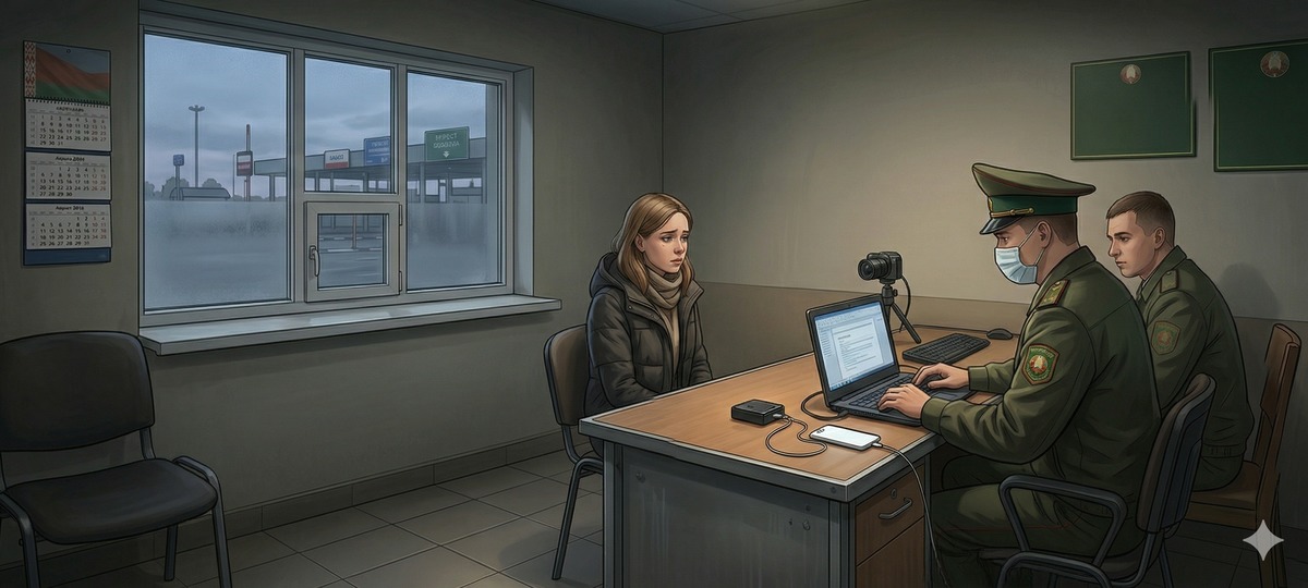 Допрос беларуски в пункте пропуска «Брест». Иллюстрация создана в Google Nano Banana 2